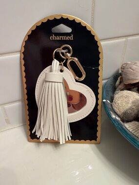 Charmed White Heart Tassel Bag Charm/key Holder with Mirror